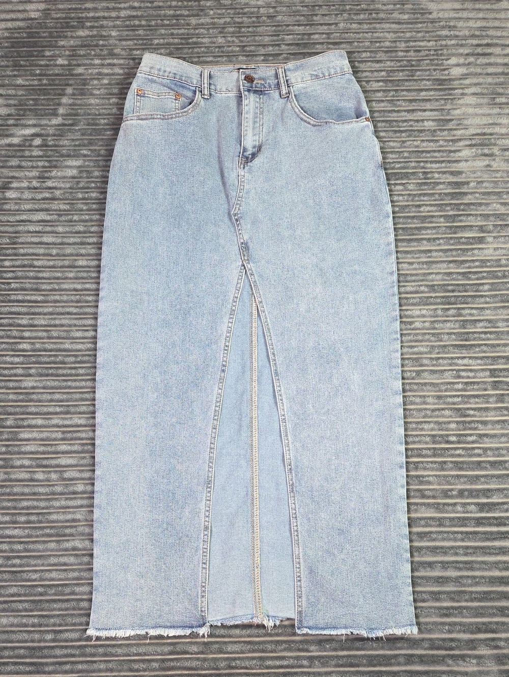 Sincerly Jules Light Blue Denim Maxi Skirt with Center Slit